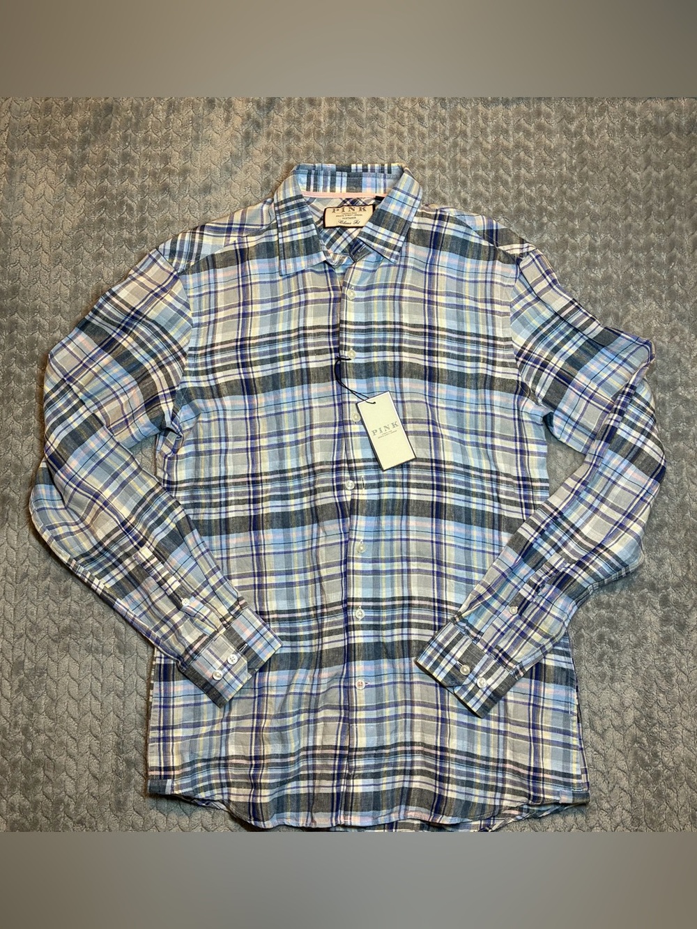 Thomas Pink Light Blue and Gray Plaid Long-Sleeve Button-Down Shirt